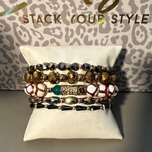 Erimish Gold and Green with some White Stretch Beaded Bracelet Set